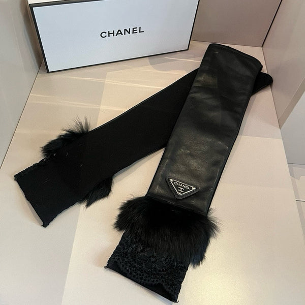 FINGERLESS LONG GLOVES IN BLACK LAMBSKIN WITH RABBIT FUR 465799