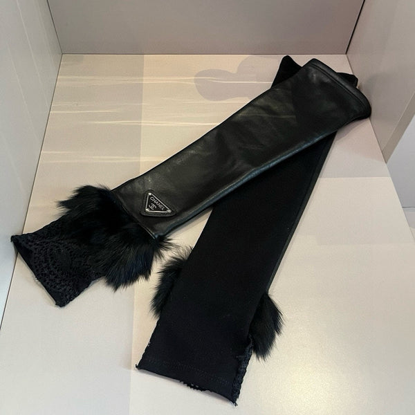 FINGERLESS LONG GLOVES IN BLACK LAMBSKIN WITH RABBIT FUR 465799