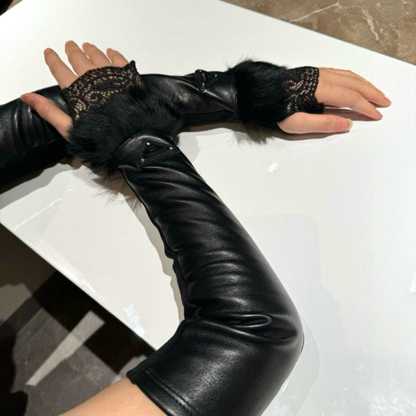 FINGERLESS LONG GLOVES IN BLACK LAMBSKIN WITH RABBIT FUR 465799