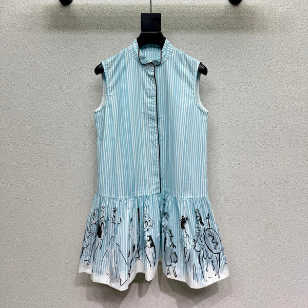 CD 26s Dioriviera Short Flared Dress White Blue Cotton 398326