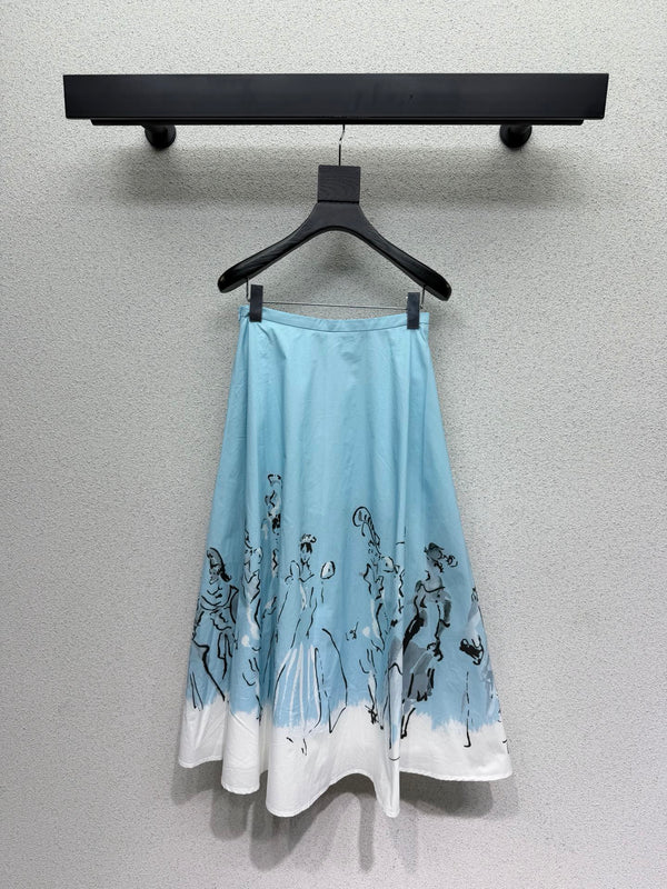 CD 26s Dioriviera Mid-Length Flared Skirt White Blue Cotton 398317