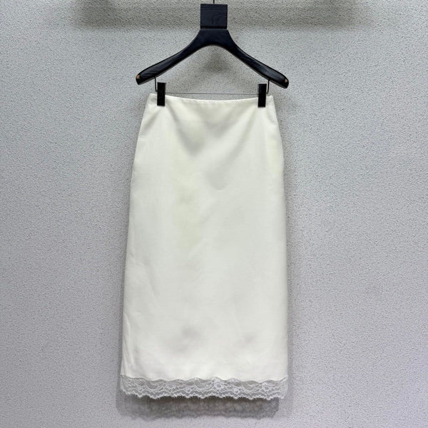 CD 26s Mid-Length Straight Skirt White Wool Silk Lace 398263