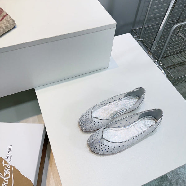 CL x Maison Margiela Ballerina Flats White Mesh Sliver Leather