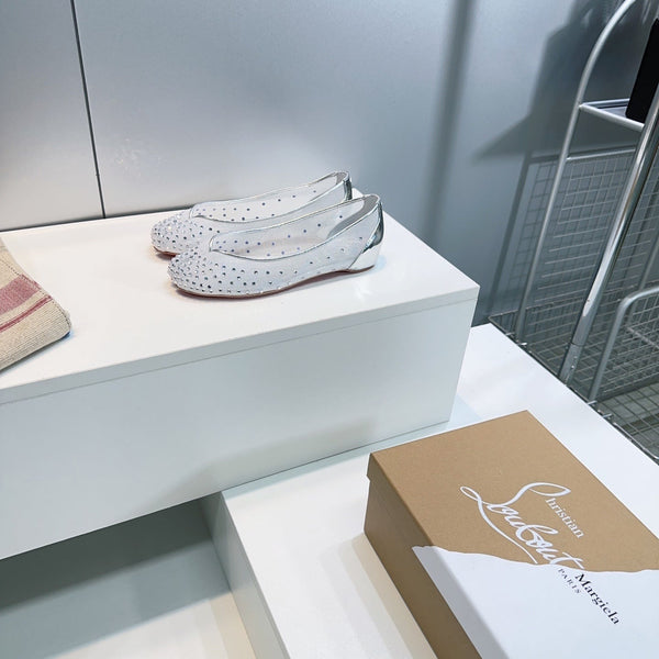 CL x Maison Margiela Ballerina Flats White Mesh Sliver Leather