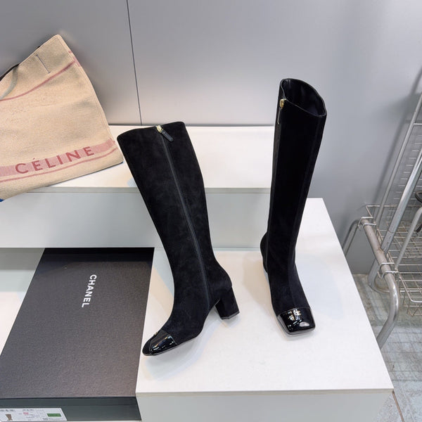 CC 26s Cap-Toe Knee-High Boots 4.5cm Black Stretch Suede 966839