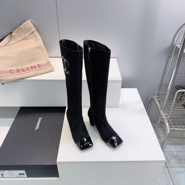 CC 26s Cap-Toe Knee-High Boots 4.5cm Black Stretch Suede 966839