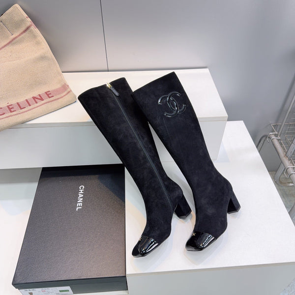 CC 26s Cap-Toe Knee-High Boots 4.5cm Black Stretch Suede 966839