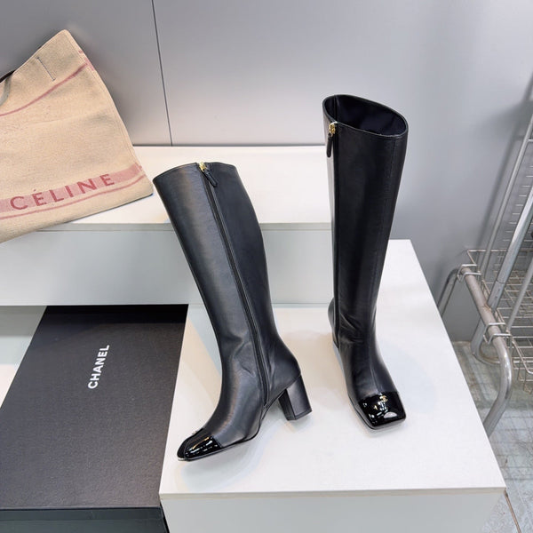 CC 26s Cap-Toe Knee-High Boots 4.5cm Black Stretch Lambskin 966840