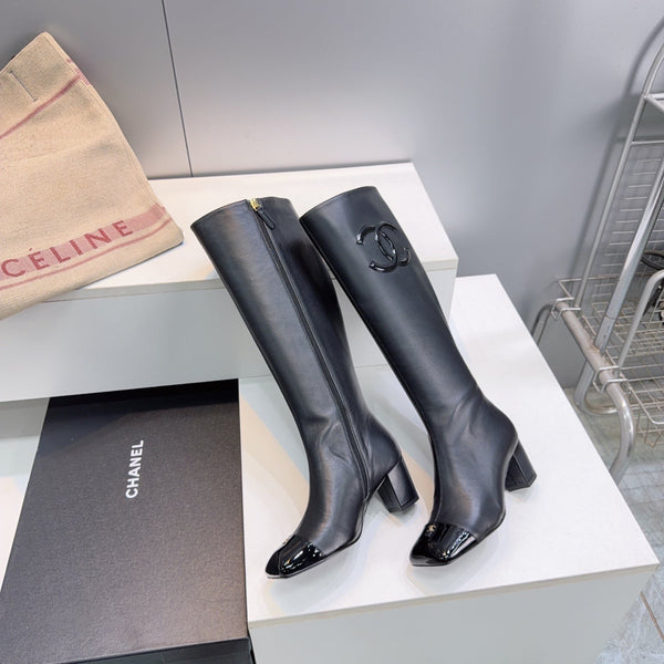 CC 26s Cap-Toe Knee-High Boots 4.5cm Black Stretch Lambskin 966840