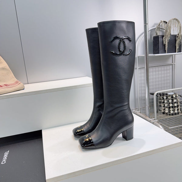 CC 26s Cap-Toe Knee-High Boots 4.5cm Black Stretch Lambskin 966840