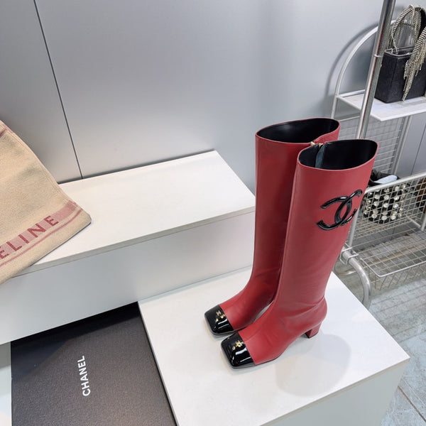 CC 26s Cap-Toe Knee-High Boots 4.5cm Red Stretch Lambskin 966841