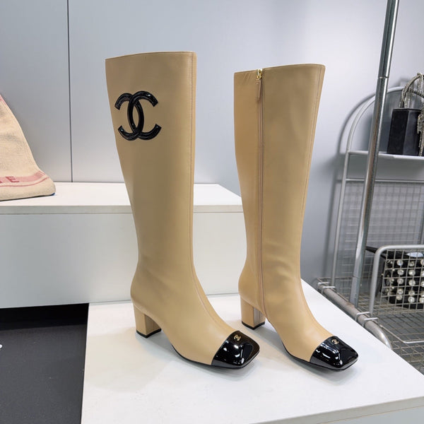 CC 26s Cap-Toe Knee-High Boots 4.5cm Beige Stretch Lambskin 966843