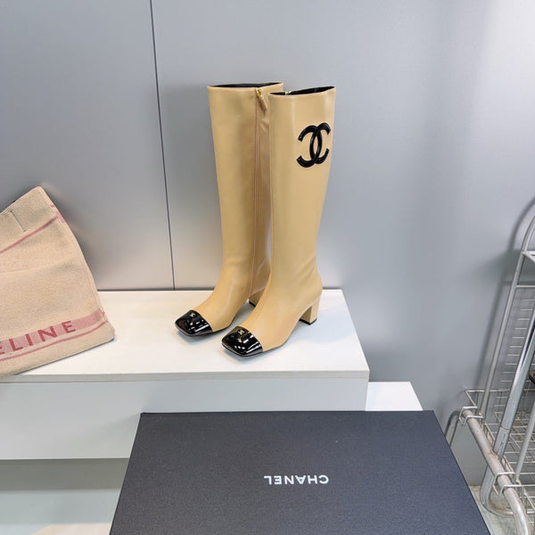 CC 26s Cap-Toe Knee-High Boots 4.5cm Beige Stretch Lambskin 966843
