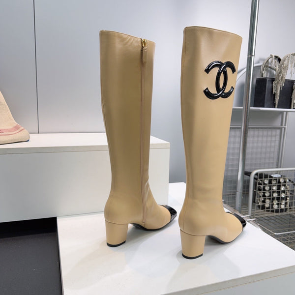 CC 26s Cap-Toe Knee-High Boots 4.5cm Beige Stretch Lambskin 966843