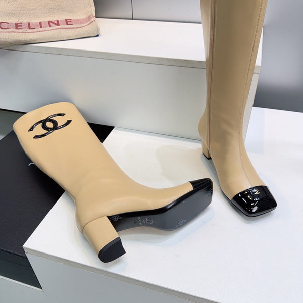 CC 26s Cap-Toe Knee-High Boots 4.5cm Beige Stretch Lambskin 966843