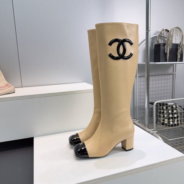 CC 26s Cap-Toe Knee-High Boots 4.5cm Beige Stretch Lambskin 966843