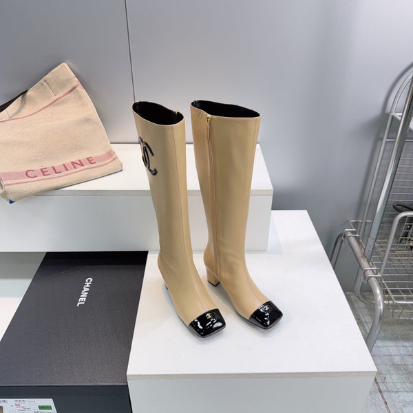 CC 26s Cap-Toe Knee-High Boots 4.5cm Beige Stretch Lambskin 966843