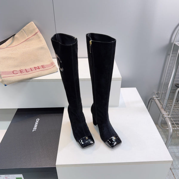 CC 26s Cap-Toe Knee-High Boots 8.5cm Black Stretch Suede 966845