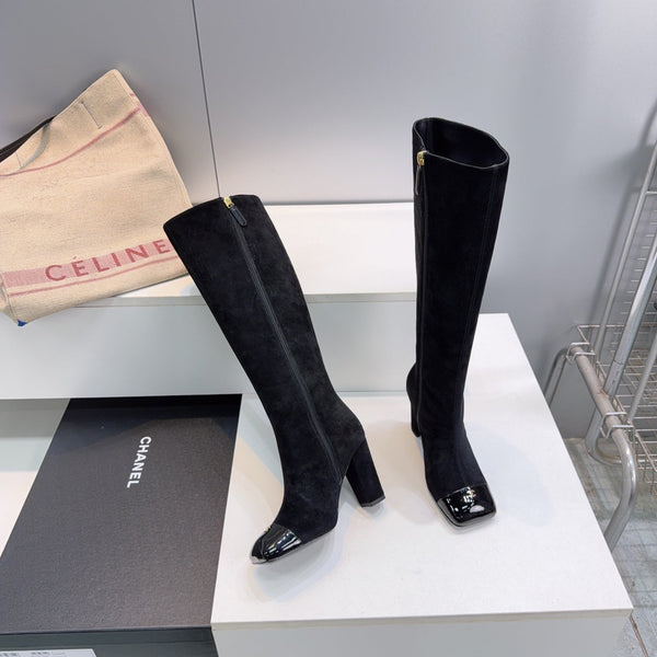 CC 26s Cap-Toe Knee-High Boots 8.5cm Black Stretch Suede 966845