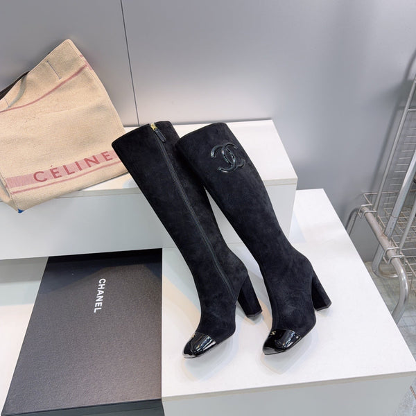 CC 26s Cap-Toe Knee-High Boots 8.5cm Black Stretch Suede 966845