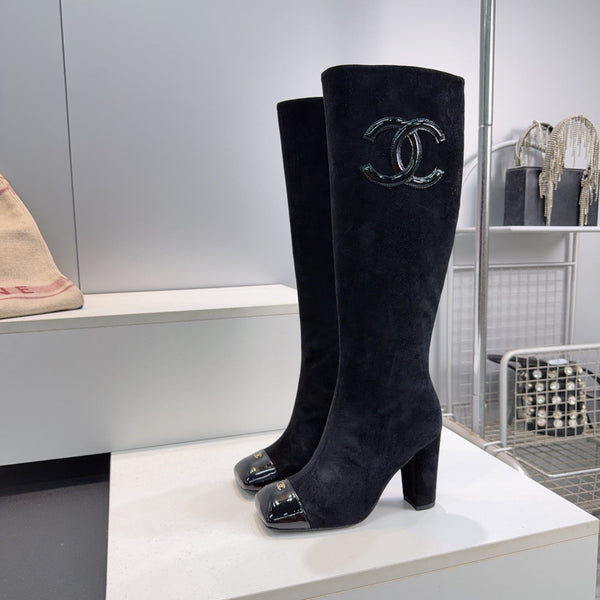 CC 26s Cap-Toe Knee-High Boots 8.5cm Black Stretch Suede 966845