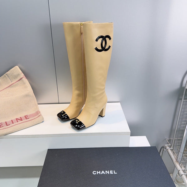 CC 26s Cap-Toe Knee-High Boots 8.5cm Beige Stretch Lambskin 966848