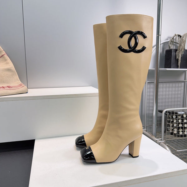 CC 26s Cap-Toe Knee-High Boots 8.5cm Beige Stretch Lambskin 966848