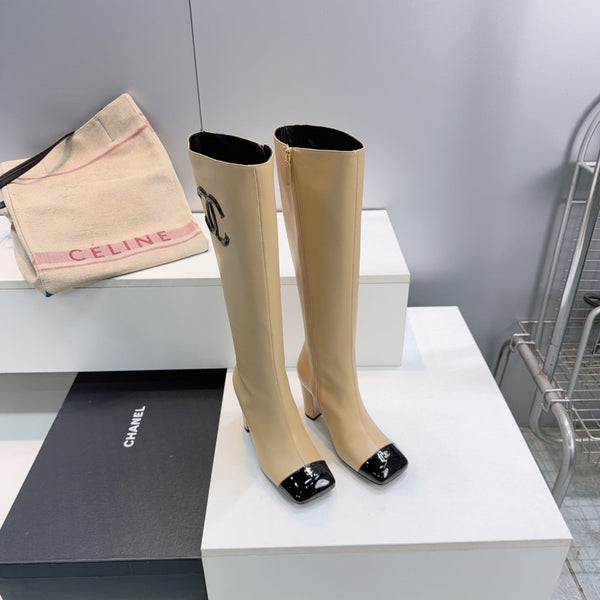 CC 26s Cap-Toe Knee-High Boots 8.5cm Beige Stretch Lambskin 966848