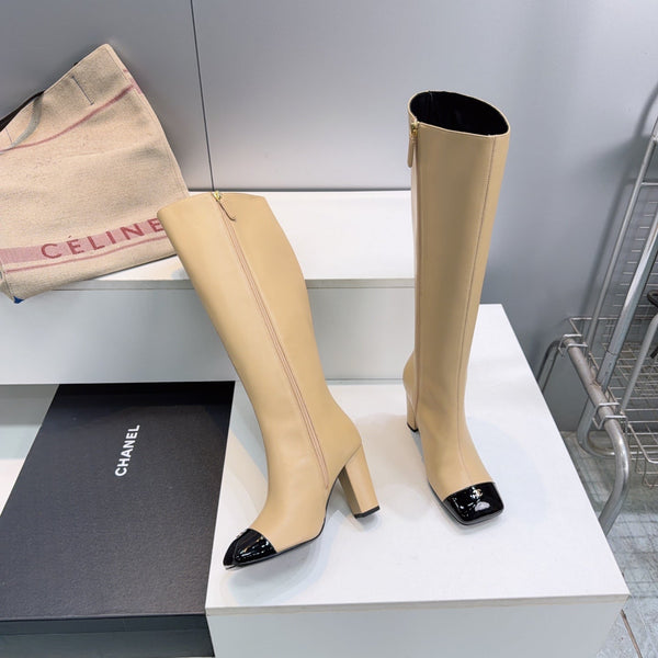 CC 26s Cap-Toe Knee-High Boots 8.5cm Beige Stretch Lambskin 966848
