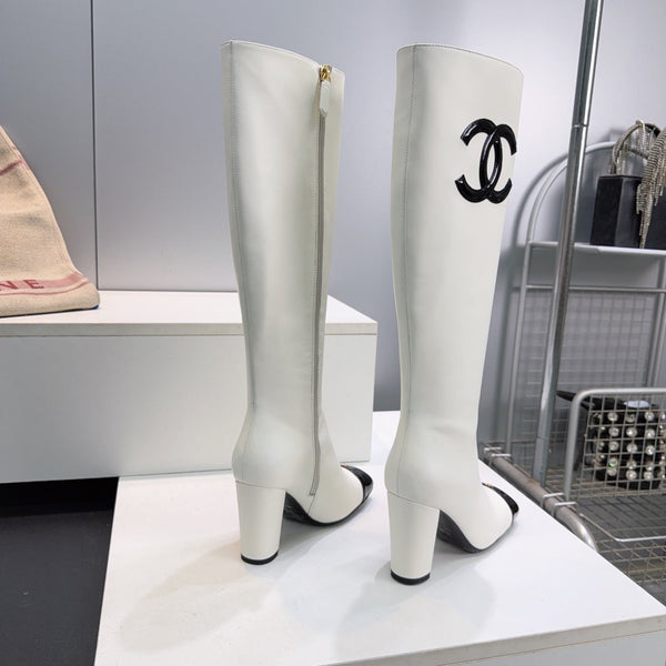 CC 26s Cap-Toe Knee-High Boots 8.5cm White Stretch Lambskin 966849
