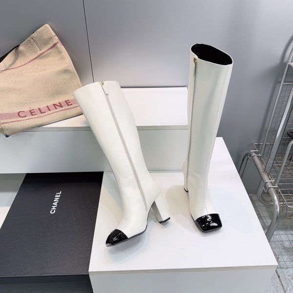CC 26s Cap-Toe Knee-High Boots 8.5cm White Stretch Lambskin 966849