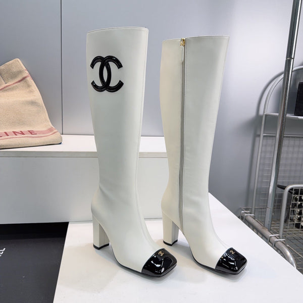 CC 26s Cap-Toe Knee-High Boots 8.5cm White Stretch Lambskin 966849