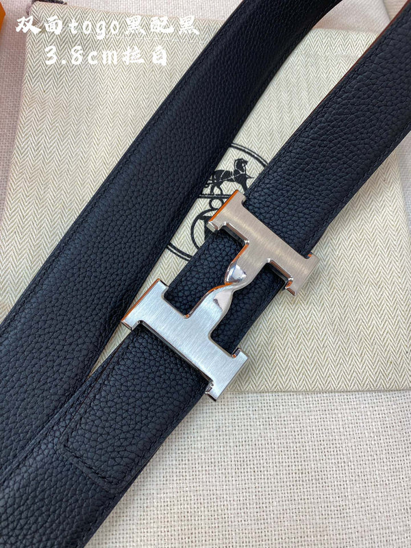 CINTURA HM H CON FIBBIA E CINTURINO REVERSIBILE IN PELLE NERA DA 38 MM, FERRAMENTA IN ARGENTO