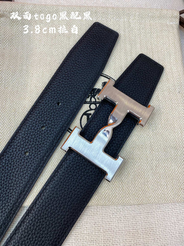 CINTURA HM H CON FIBBIA E CINTURINO REVERSIBILE IN PELLE NERA DA 38 MM, FERRAMENTA IN ARGENTO