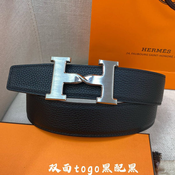CINTURA HM H CON FIBBIA E CINTURINO REVERSIBILE IN PELLE NERA DA 38 MM, FERRAMENTA IN ARGENTO