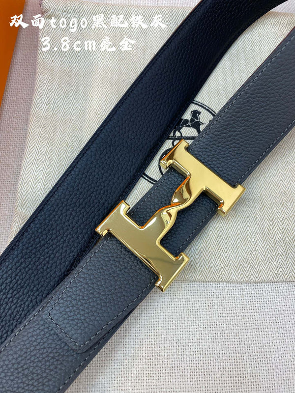 CINTURA HM H CON FIBBIA E CINTURINO REVERSIBILE IN PELLE NERA DA 38 MM, FERRAMENTA ORO