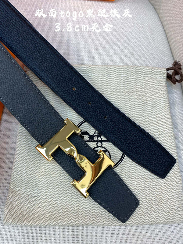 CINTURA HM H CON FIBBIA E CINTURINO REVERSIBILE IN PELLE NERA DA 38 MM, FERRAMENTA ORO