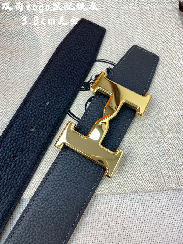 CINTURA HM H CON FIBBIA E CINTURINO REVERSIBILE IN PELLE NERA DA 38 MM, FERRAMENTA ORO