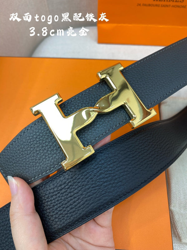 CINTURA HM H CON FIBBIA E CINTURINO REVERSIBILE IN PELLE NERA DA 38 MM, FERRAMENTA ORO