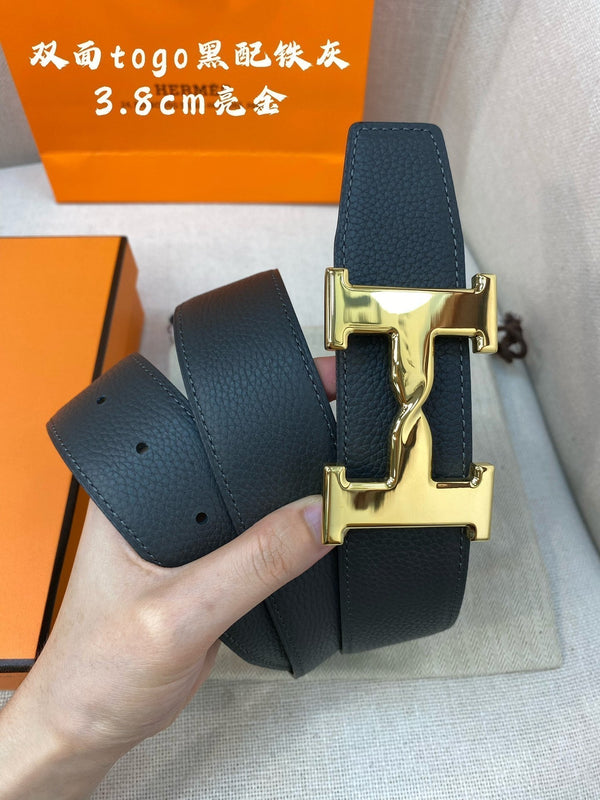 CINTURA HM H CON FIBBIA E CINTURINO REVERSIBILE IN PELLE NERA DA 38 MM, FERRAMENTA ORO