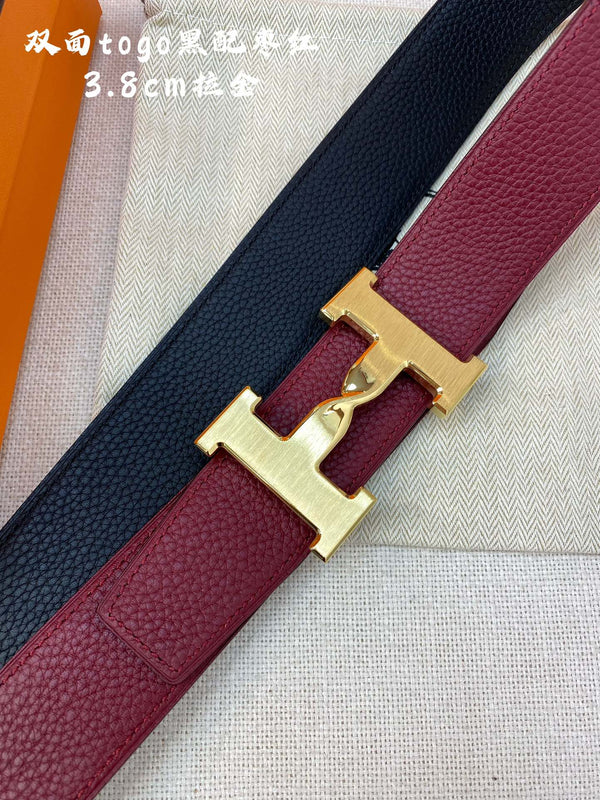 FIBBIA PER CINTURA HM H E CINTURINO REVERSIBILE ROSSO VINO E NERO 38 MM FERRAMENTA ORO