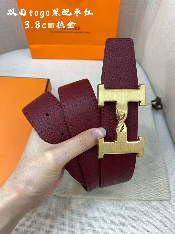 FIBBIA PER CINTURA HM H E CINTURINO REVERSIBILE ROSSO VINO E NERO 38 MM FERRAMENTA ORO
