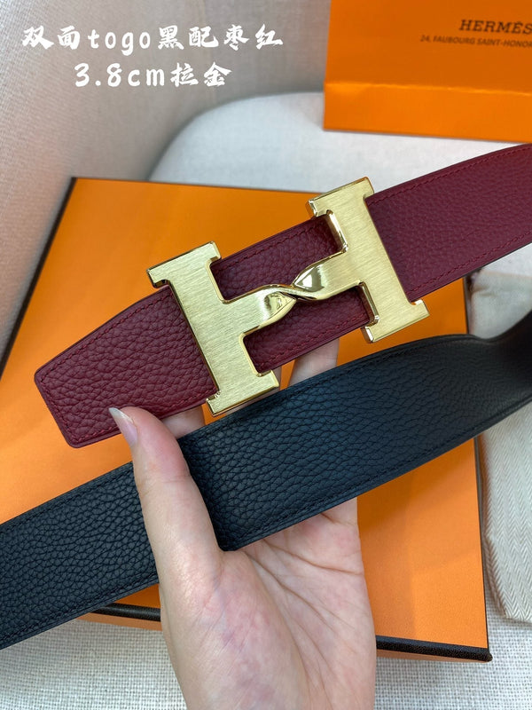 FIBBIA PER CINTURA HM H E CINTURINO REVERSIBILE ROSSO VINO E NERO 38 MM FERRAMENTA ORO