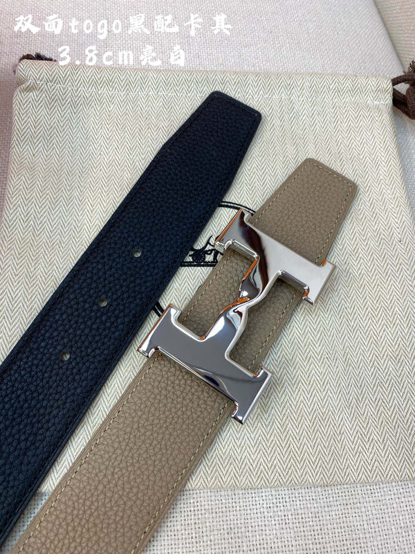 CINTURA HM H CON FIBBIA E CINTURINO REVERSIBILE IN PELLE MARRONE CAMMELLO 38 MM, FERRAMENTA IN ARGENTO