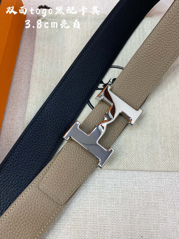CINTURA HM H CON FIBBIA E CINTURINO REVERSIBILE IN PELLE MARRONE CAMMELLO 38 MM, FERRAMENTA IN ARGENTO