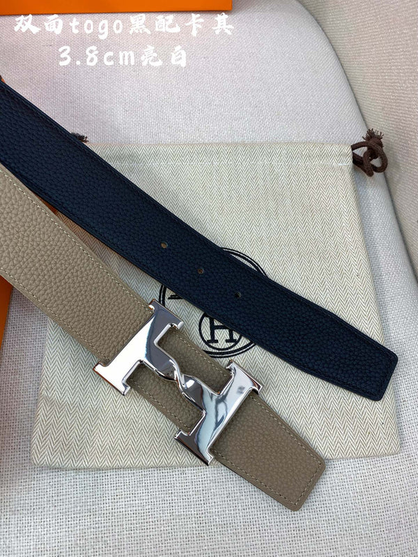 CINTURA HM H CON FIBBIA E CINTURINO REVERSIBILE IN PELLE MARRONE CAMMELLO 38 MM, FERRAMENTA IN ARGENTO