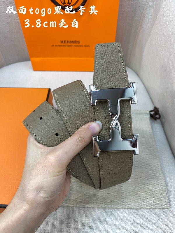 CINTURA HM H CON FIBBIA E CINTURINO REVERSIBILE IN PELLE MARRONE CAMMELLO 38 MM, FERRAMENTA IN ARGENTO