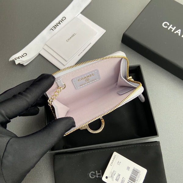 CC Hook & Chain Zipper Card Holder Light Purple Caviar GHW 234717