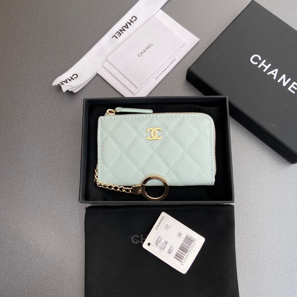 CC Hook & Chain Zipper Card Holder Light Blue Caviar GHW 234723