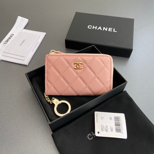 CC Hook & Chain Zipper Card Holder Light Pink Caviar GHW 234725